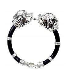 925 Sterling Silver Black Rubber Lion Head Bracelet for Men & Boys